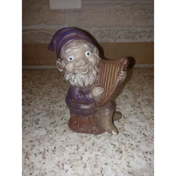 Vintage Hand Painted Gnome Dwarf Playing Harp - Picture 1 of 5